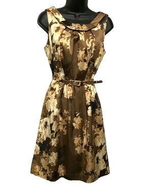 Talbots 4 Petite Brown Floral Print Belted Sleeveless Lined Dress